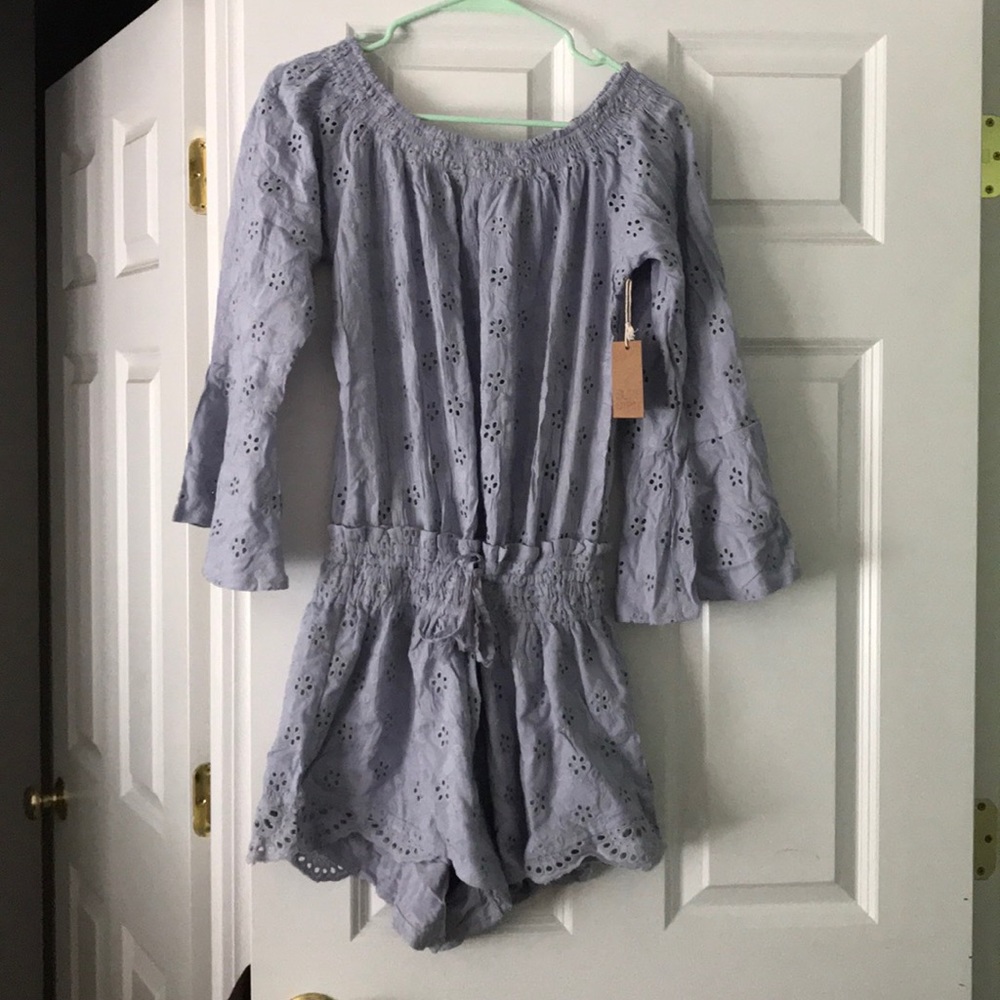 Purple eyelet off shoulder romper